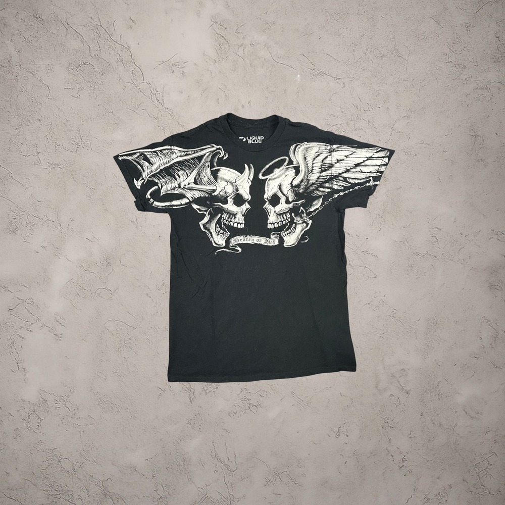 Liquid Blue Heaven or Hell‎ Skull Graphic Tee Black M Y2K Mall Goth Skater Shirt